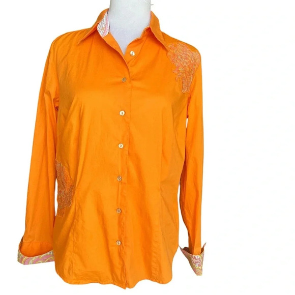 Robert Graham Orange Button Up Shirt Paisley Cuffs Embroidered Women’s Size M - Picture 1 of 12